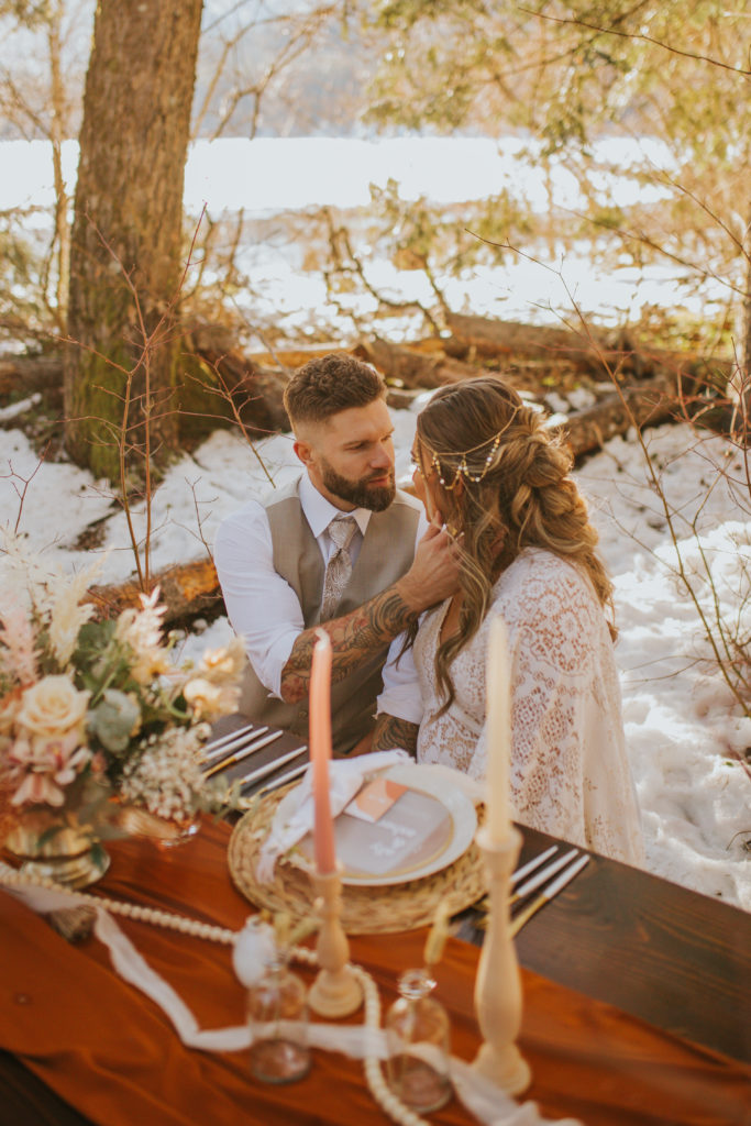 boho style Washington elopement with couple embracing each other