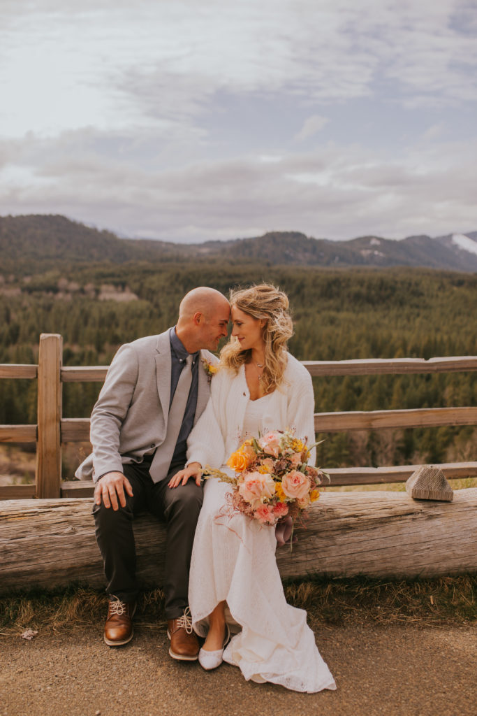 bride and groom sitting on a log looking at each other in a mountain and forest background